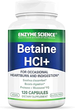 Enzyme Science Betaine HCl with Pepsin - Supplement for Low Stomach Acid - Betaine Hydrochloride Supplement - Digestive Enzymes - Enzimas Digestivas - 120 Capsules