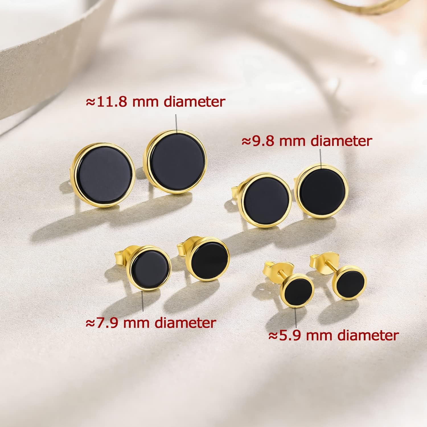 ZHOU LIU FU Stud Earrings Black and Gold Plated Onyx Small Sterling Silver Statement Earrings Hypoallergenic Round Onyx Studs for Men Women 6/8/10/12mm