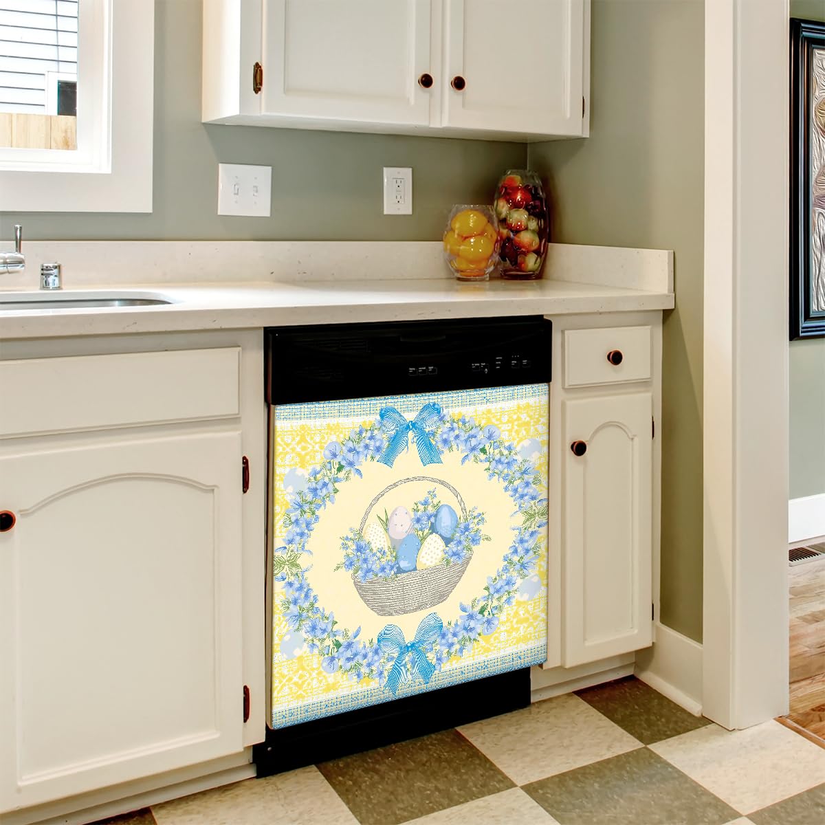 Mexpekil Adesivo decorativo per lavastoviglie per cestino pasquale giallo e blu, 58 x 66 cm, adesivo decorativo per lavastoviglie per porta d'ingresso, impermeabile, pannello magnetico per