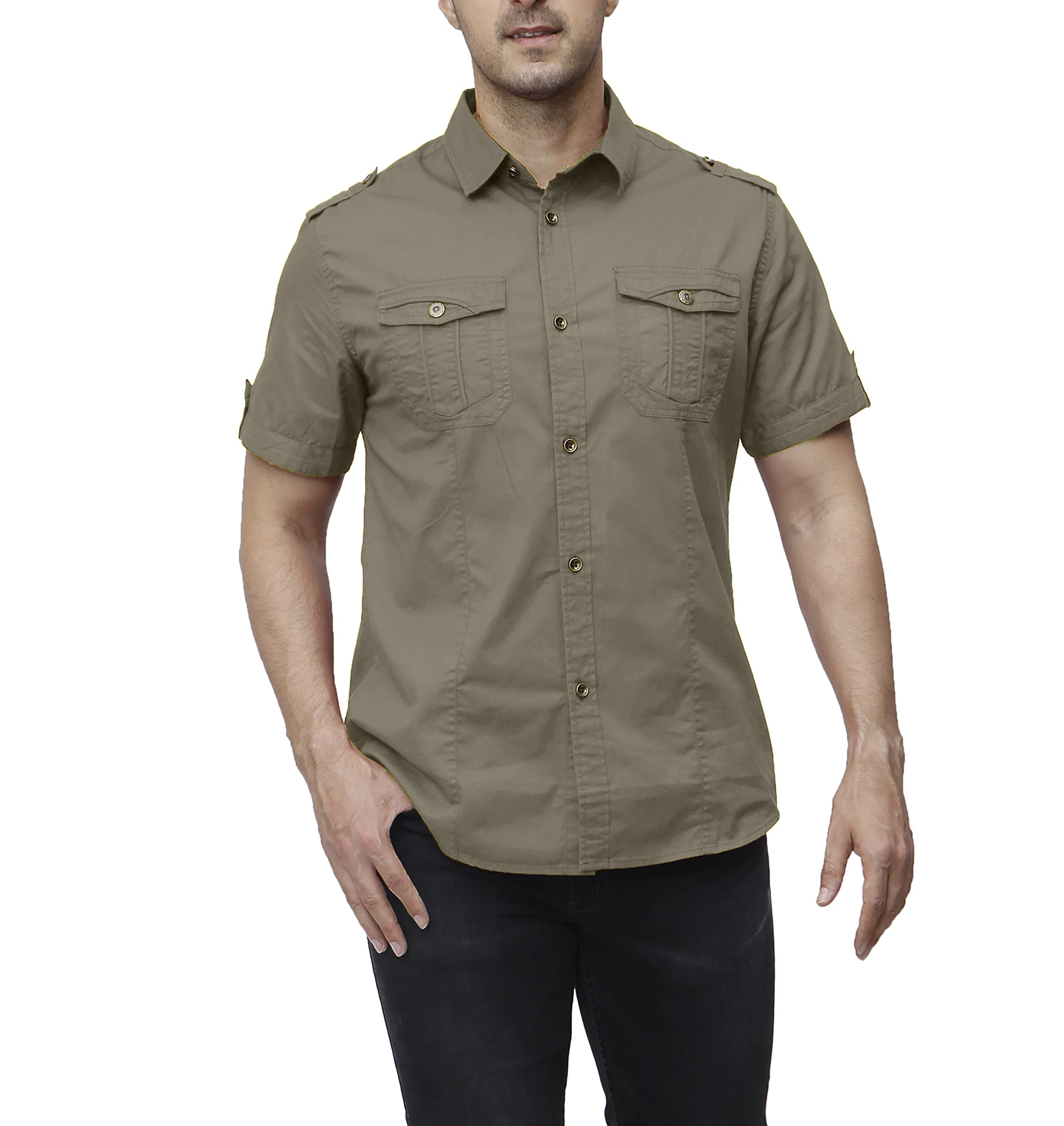 Mens Casual Short Sleeve Work Shirt, Button Down Shirt, 2 Pockets Man Shirt