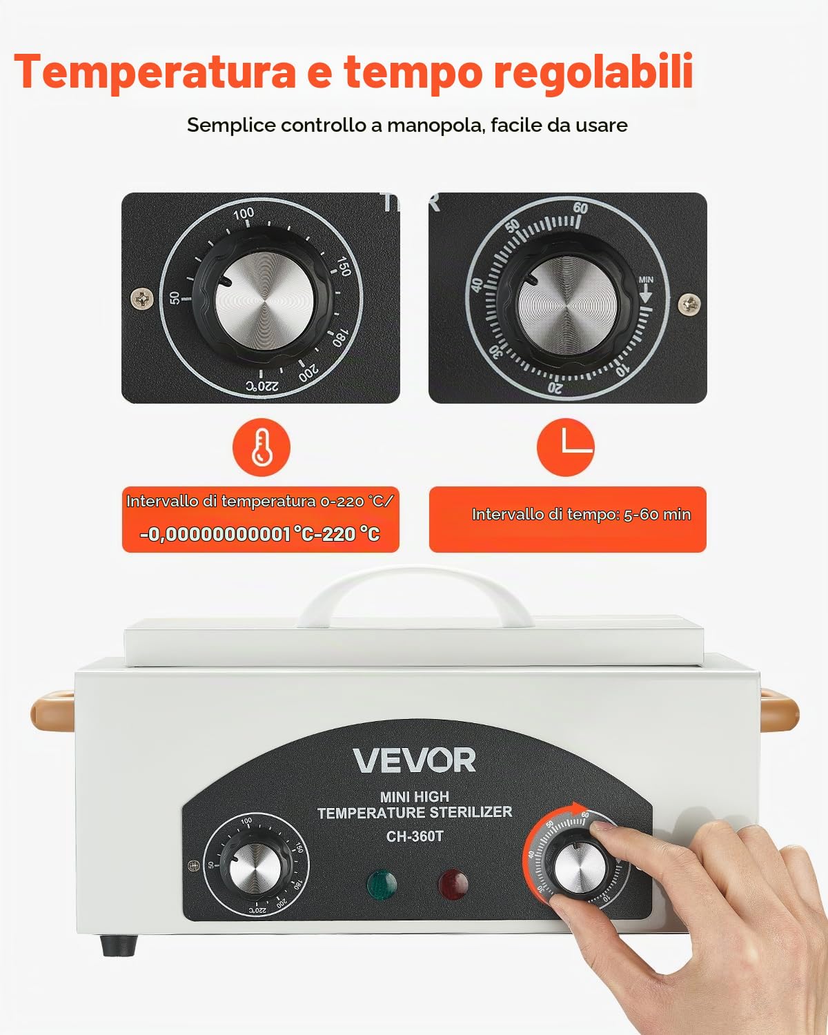 VEVOR Sterilizzatore ad Alta Temperatura, 2 L 300 W Sterilizzatore per Utensili da Manicure con Temperatura e Tempo Regolabili, Pulizia di Strumenti per Unghie per Laboratori, Casa, Centri Estetici