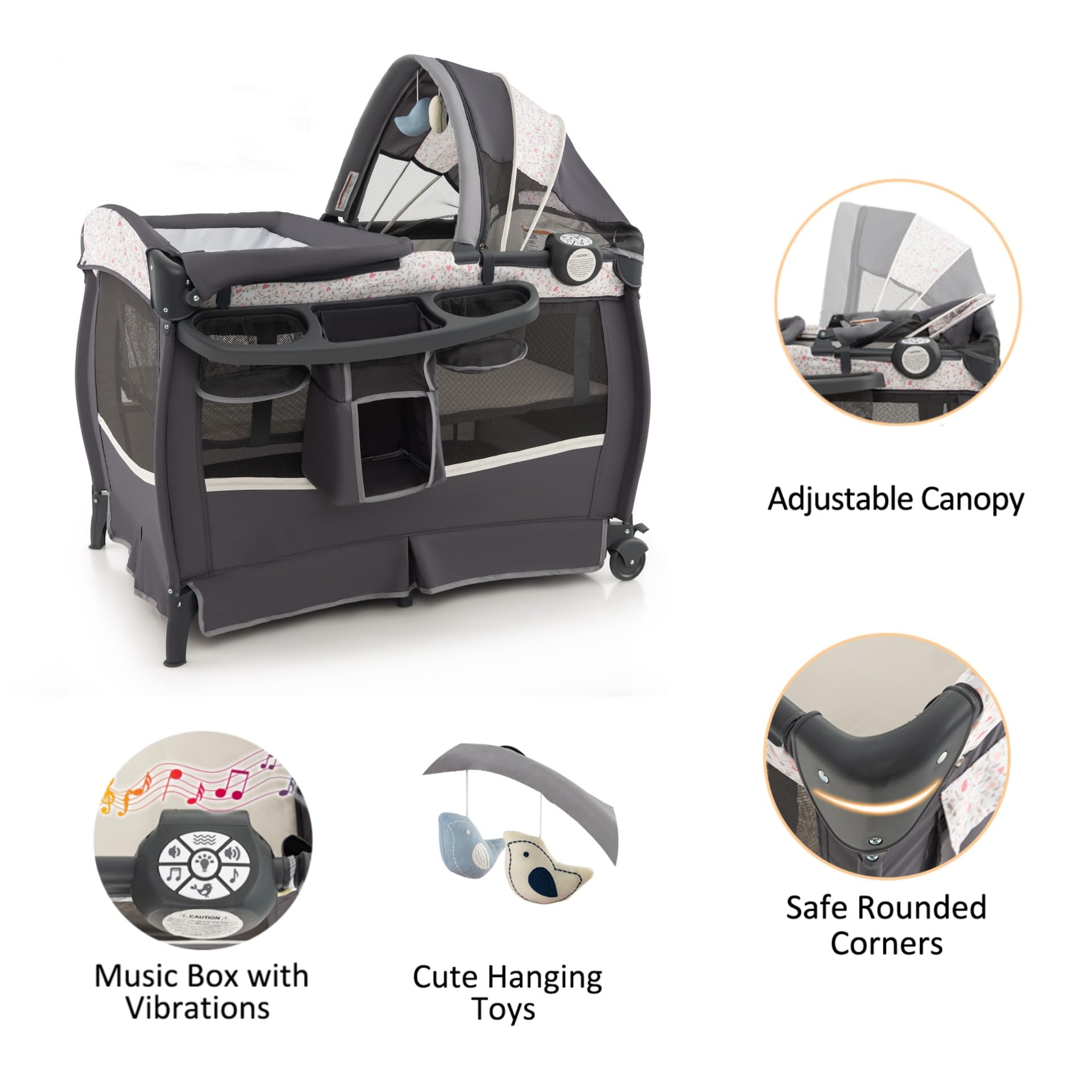 LIFEZEAL Cuna Bebe Plegable con Colchón, Cuna Colecho con Juguetes Montessori y Reproductor de Música, Bebe Bed con Cambiador y Ruedas, Carga 15 kg