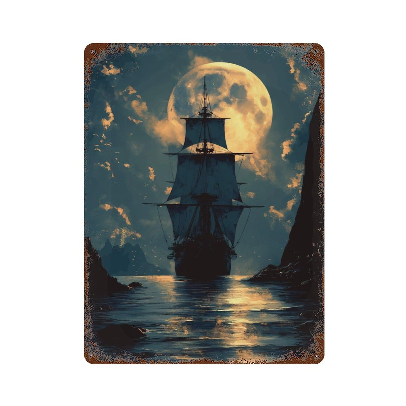 Pirate Ship Full Moon Rust Effect Tin Sign 15.7"x11.8", Novelty Wall Decor for Garage, Pub Or Kitchen