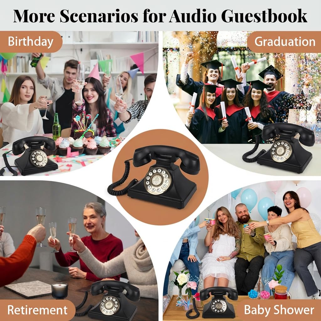 Libro de visitas de audio para boda, teléfono retro inalámbrico, grabación de mensajes de voz personalizados para bodas, fiestas y banquetes, estilo clásico, baja radiación, negro