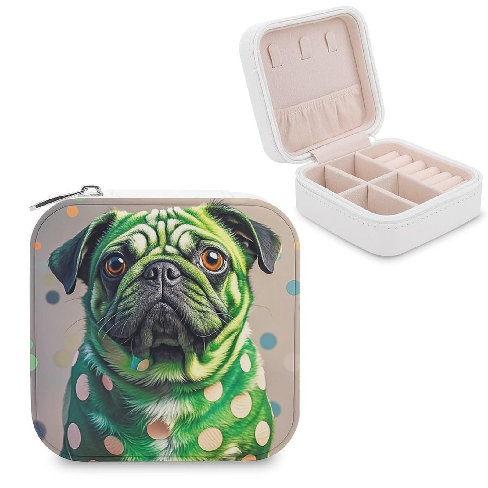 LZQPOEAS Green Polka Dot Pug Jewelry Box Mini Jewelry Travel Case Trendy Stuff Ring Box Custom PU Leather Jewelry Boxes Portable Jewelry Case Earring Storage Organizer for Girls Women