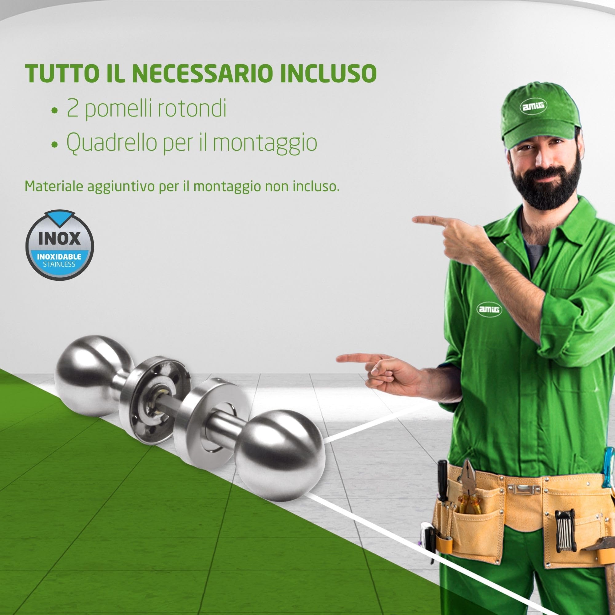 Amig – Pomolo/Maniglia rotonda per porta interna – Mod. 11GR – Impugnatura ergonomica – Rosetta rotonda – Acciaio inox 18/8 satinato – Ø50 x 78 mm