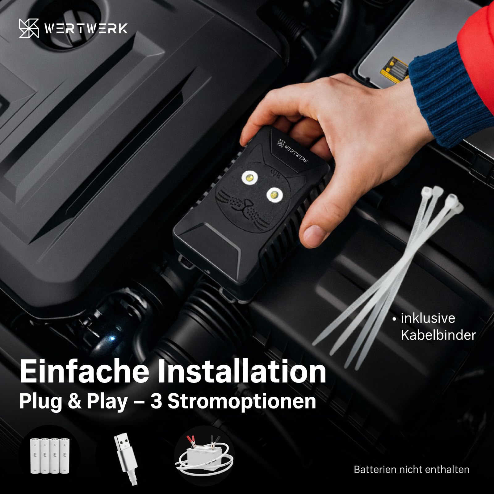 Marderschreck Auto Batteriebetrieben - Marderschreck Ultraschall & Lichtblitz, Marderabwehr Auto Motorraum, Dachboden, Garage & Haus, flexibel nutzbar mit Netzteil oder AA-Batterien