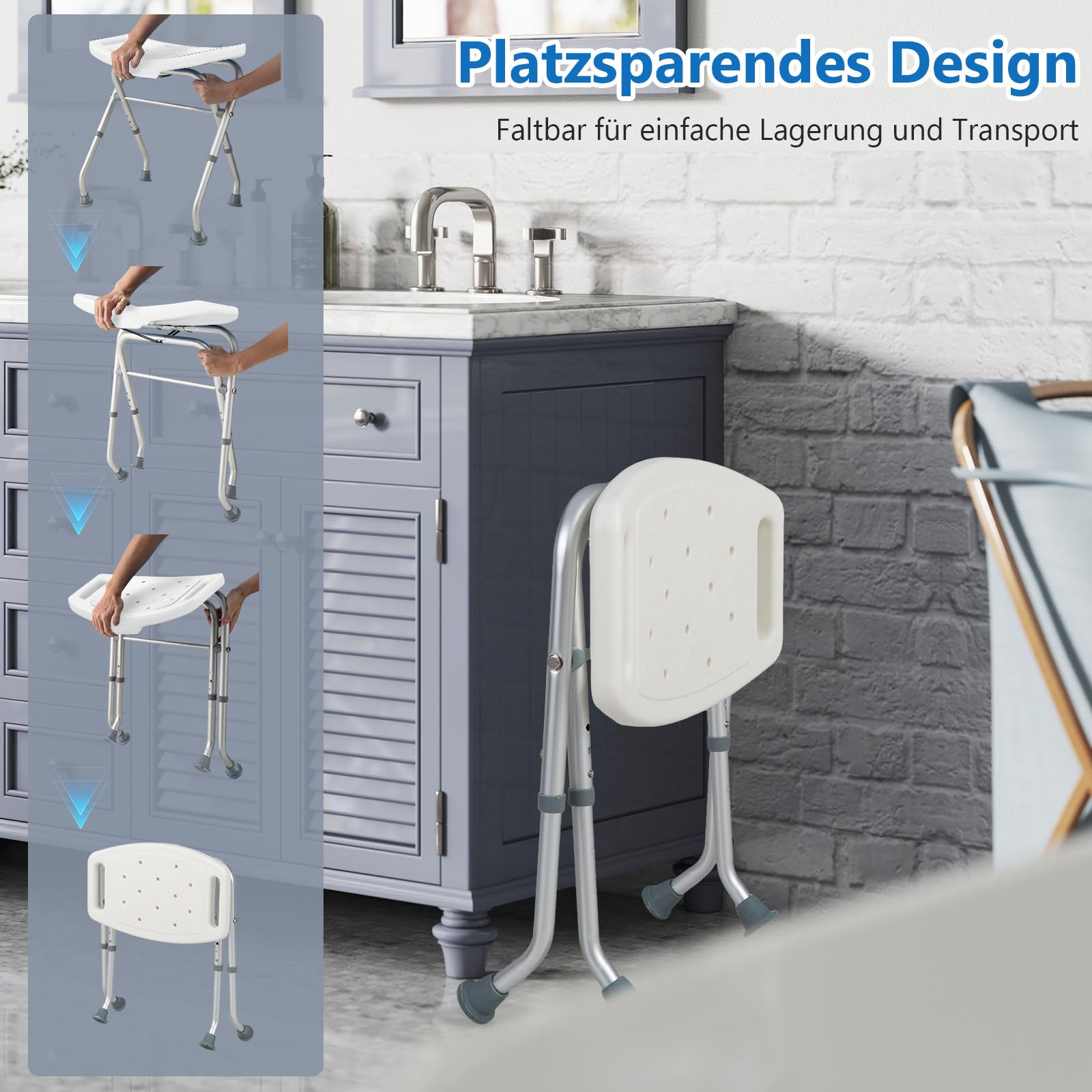 COSTWAY Duschhocker klappbar, Duschstuhl 49-52,5 cm höhenverstellbar, Duschbank Bad bis 150 kg belastbar, Badhocker mit rutschfesten Gummifüßen, Duschhilfe Duschsitz für Senioren (Weiß)
