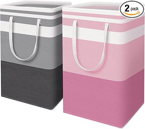 HomeHacks 2 Pack Large Laundry Baskets, Waterproof, Freestanding Laundry Hampers, Collapsible Clothes Hamper with Reinforced Handles in Laundry, College Dorm, Bathroom, Bedroom (Grey+Pink, 88Lx2)