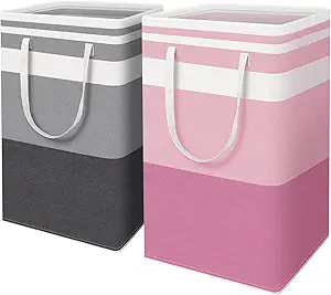HomeHacks 2 Pack Large Laundry Baskets, Waterproof, Freestanding Laundry Hampers, Collapsible Clothes Hamper with Reinforced Handles in Laundry, College Dorm, Bathroom, Bedroom (Grey+Pink, 88Lx2)
