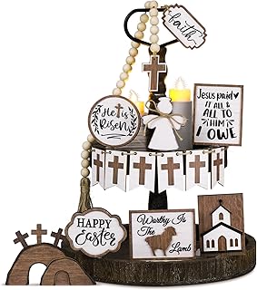 17 Pcs He is Risen Tiered Tray Decor Jesus Tomb Easter Tray Bundle Decor Wooden Easter Jesus Sign Decorations Farmhouse Rustic Tiered Tray Items for Farmhouse Home Decor (Rustic Style)