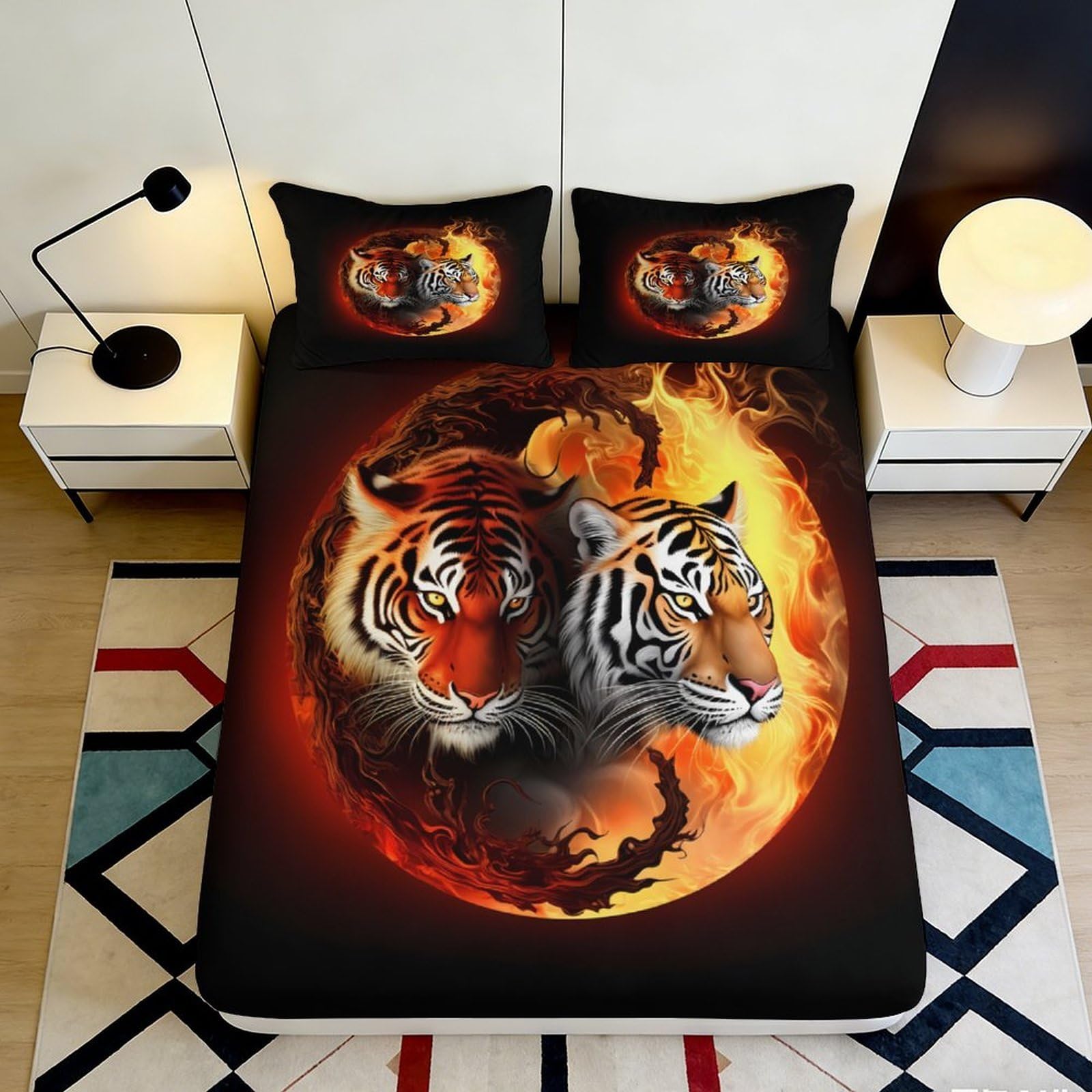 3D Printed Fire Tiger Fitted Sheet Microfiber Anti-Slip Yin Yang Tiger Mattress Cover for Bedroom Dorm Protection Decor 160x200x25cm
