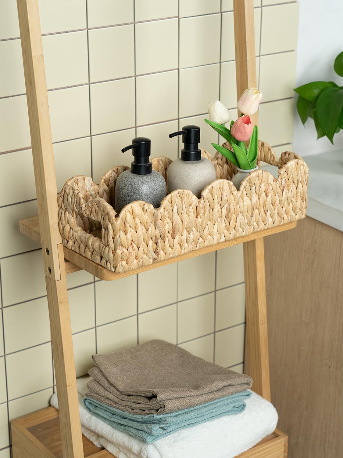 2 Pack Toilet Baskets,Scalloped Edge Wicker Basket for Toilet Paper Storage,Small Baskets for Bathroom,Living Room,Countertop, Shelves,Both Organizer&Decor,Natural Water Hyacinth