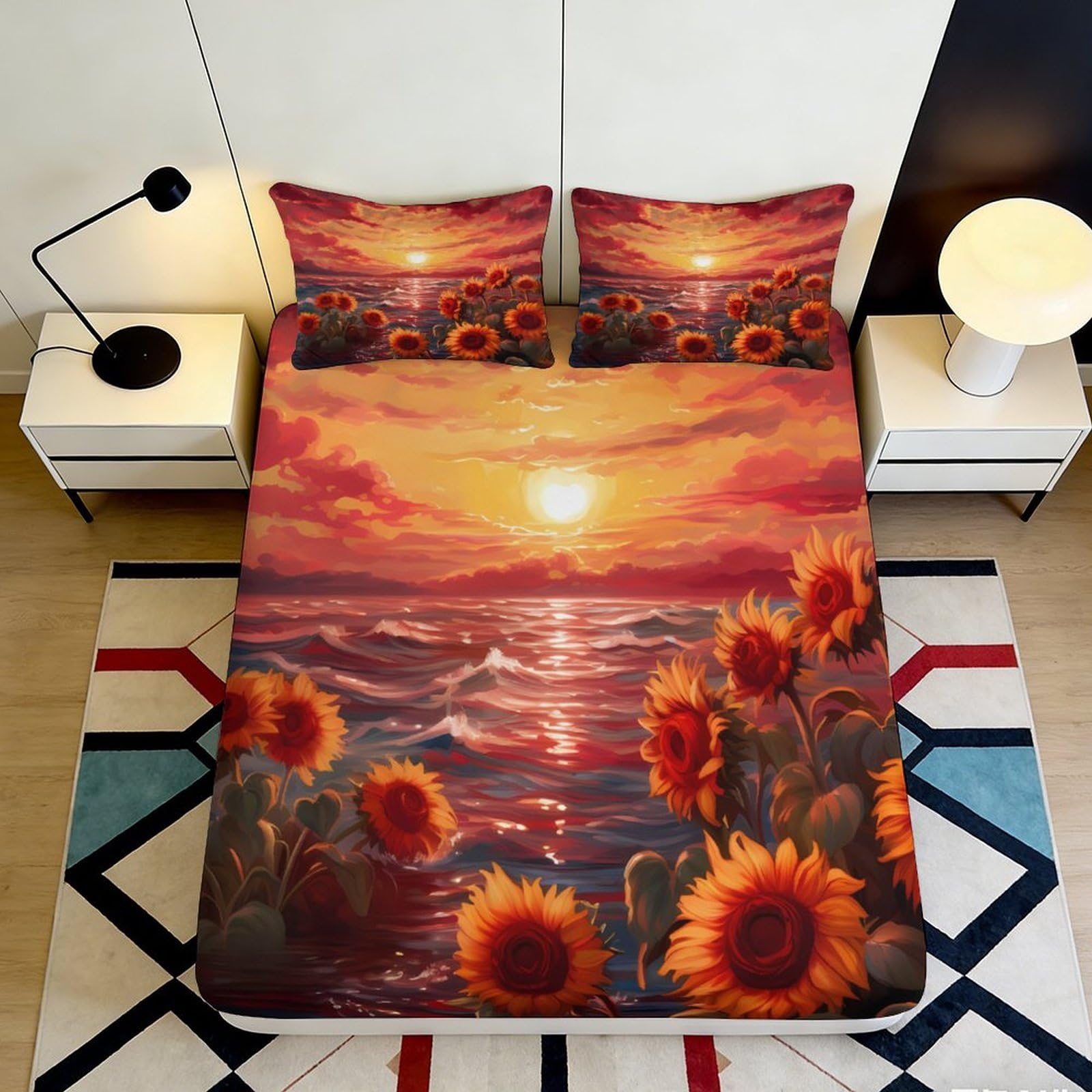 3D Printed Sunset Ocean Fitted Sheet Microfiber Sunflower Bed Cover for Bedroom Guest Room Dorm Mattress Protection Decor 90x200x25cm