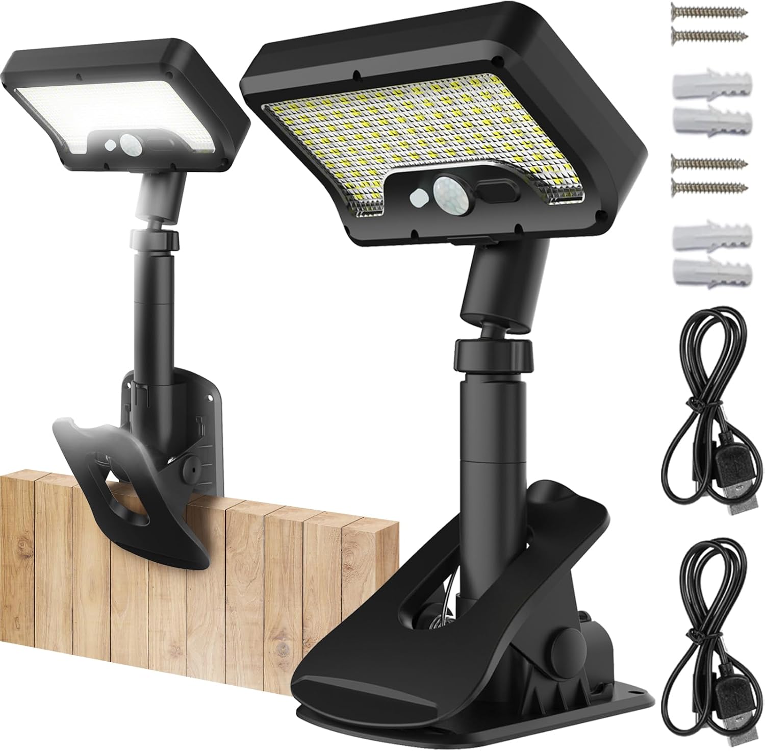 Pacify Clip On Solar Lights Outdoor, 92 LEDs 600LM 6000K Bright Solar Fence Lights with Motion Sensor, 360° Rotatable IP65 Waterproof 3 Modes Clamp Light for Deck Gutter Patio (2 Pack White Light)