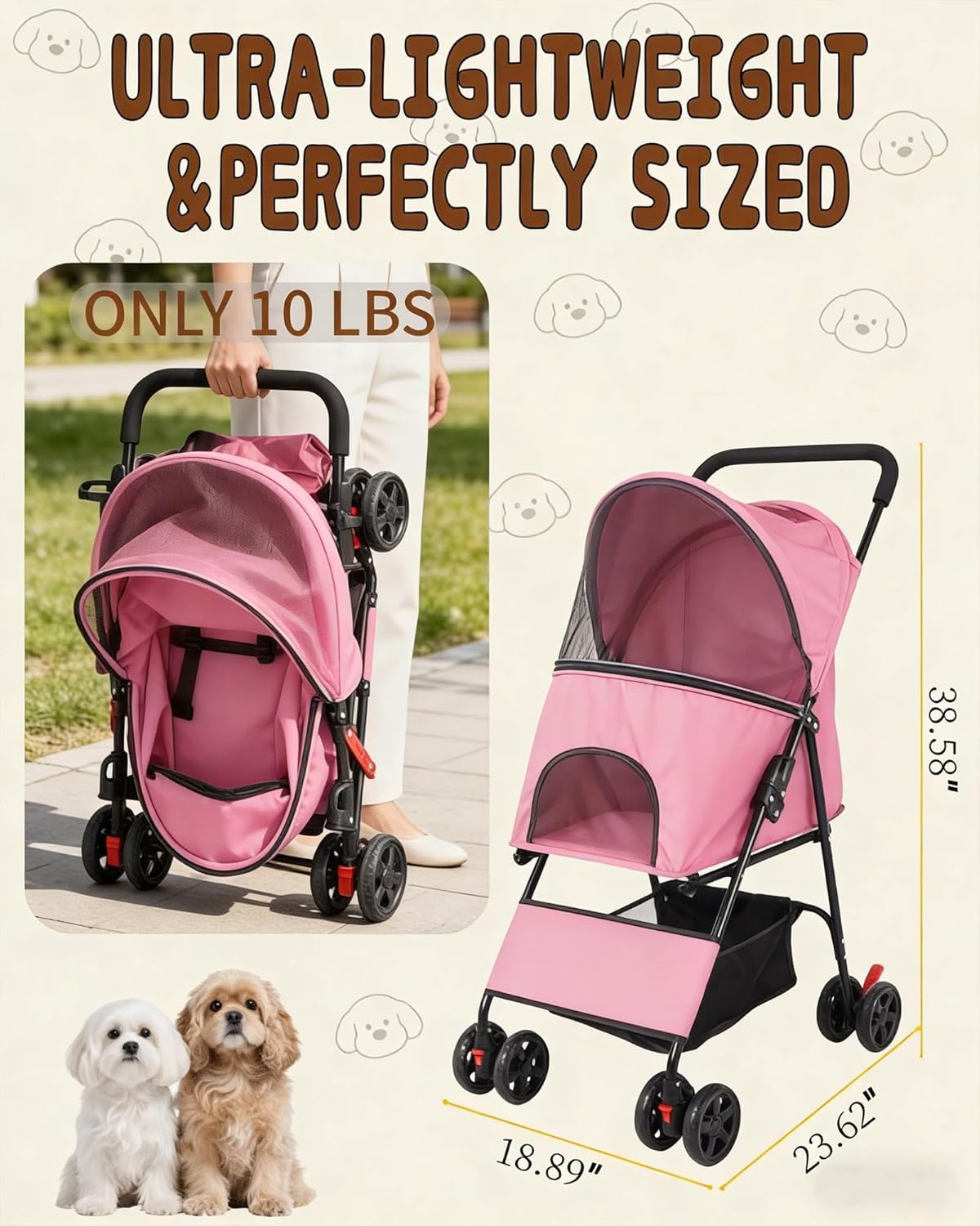 Pet Stroller for Small Medium Dogs Cats - Lightweight 10lbs Foldable Dog Stroller, Breathable Mesh & Safety Tether, 33lbs Capacity with Locking Wheels, Storage Basket for Outdoor Walks-Pink