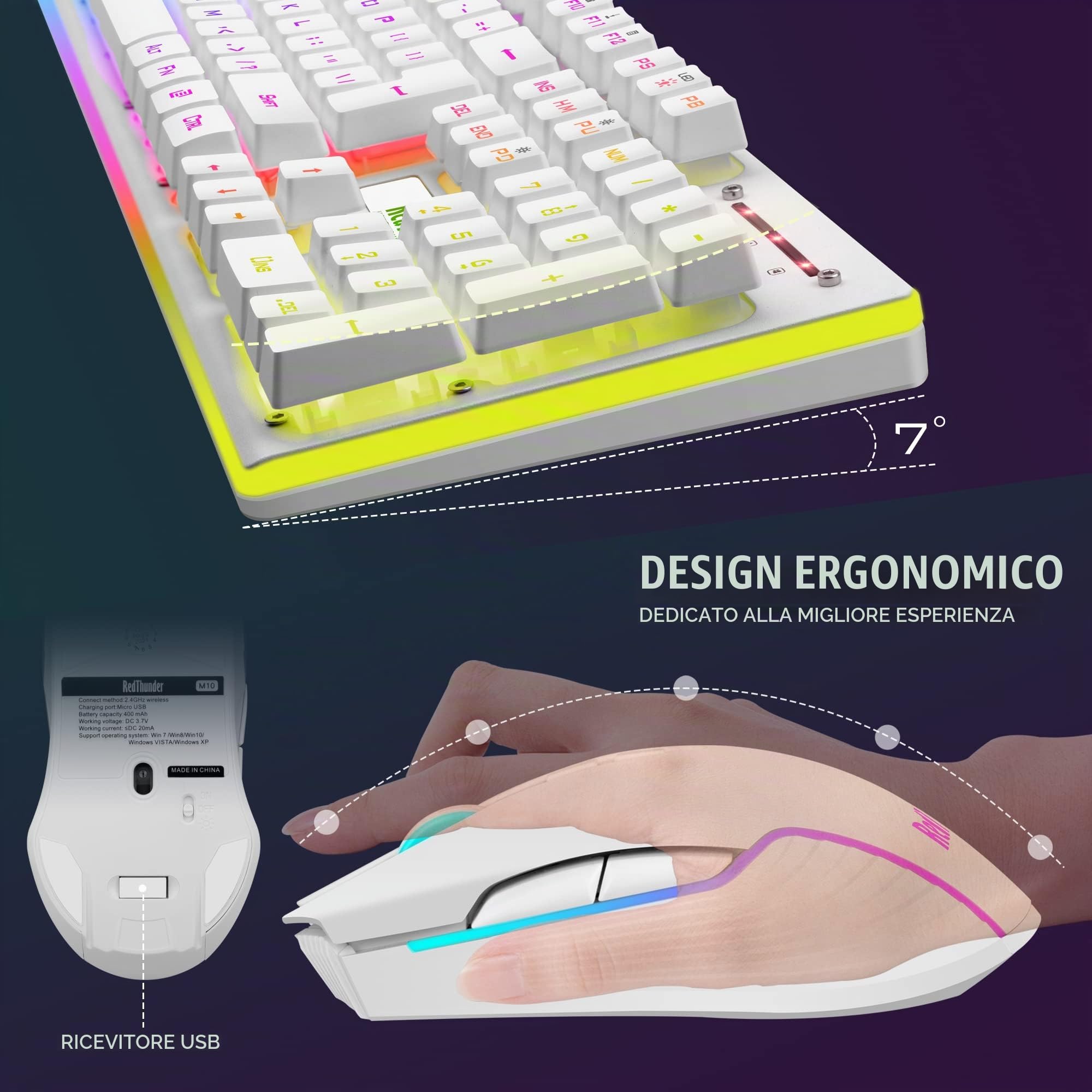 RedThunder K10 - Tastiera e mouse wireless da gioco, batteria ricaricabile con retroilluminazione a LED da 3800 mAh, tastiera meccanica con layout inglese + mouse 7D 3200DPI per PC gamer (bianco)