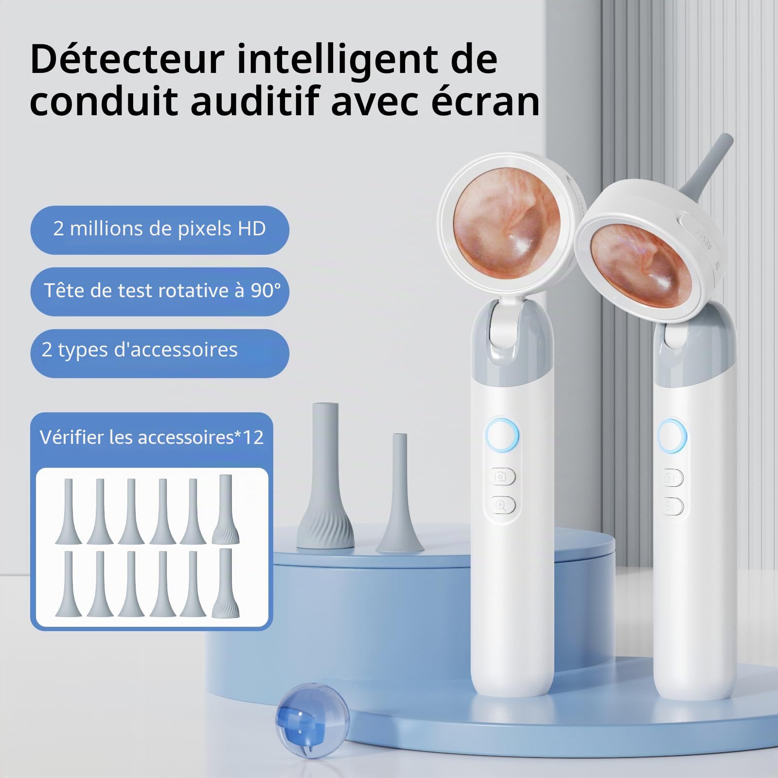 Otoscope Oreille avec écran IPS 1,38", Grossissement Diagnostic LED, Outil Sain pour Adultes, Enfants, Animaux