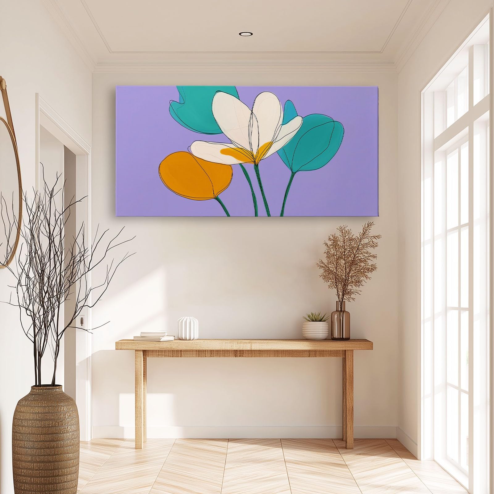 Generisch Natürlich Botanisch Floral Blätter Modernes Leinwandbild 90L x 60B cm mit Rahmen, Cartoon Stil XXL Wanddeko für Wohnzimmer Geschenk Idee Einzug - Hochwertiger Kunstdruck auf Holzrahmen