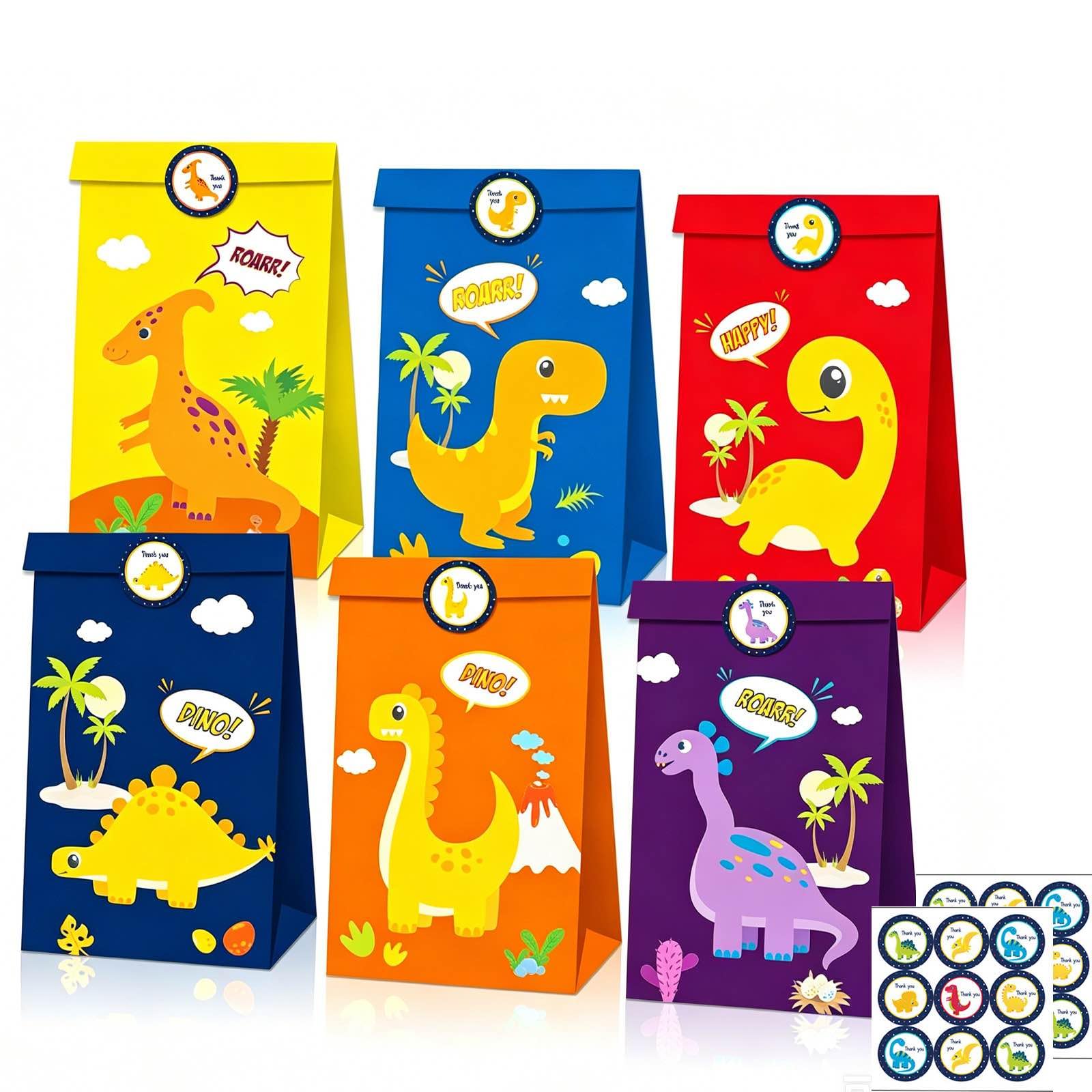 12Pcs Paper Party Bags for Kids Party, 22x12x8cm Dinosaur Small Gift Bag Candy Goodie Treat Bags with 18 Stickers for Boys Girls Birthday Baby Shower Dinosaur Theme Parties Bag favours Presents