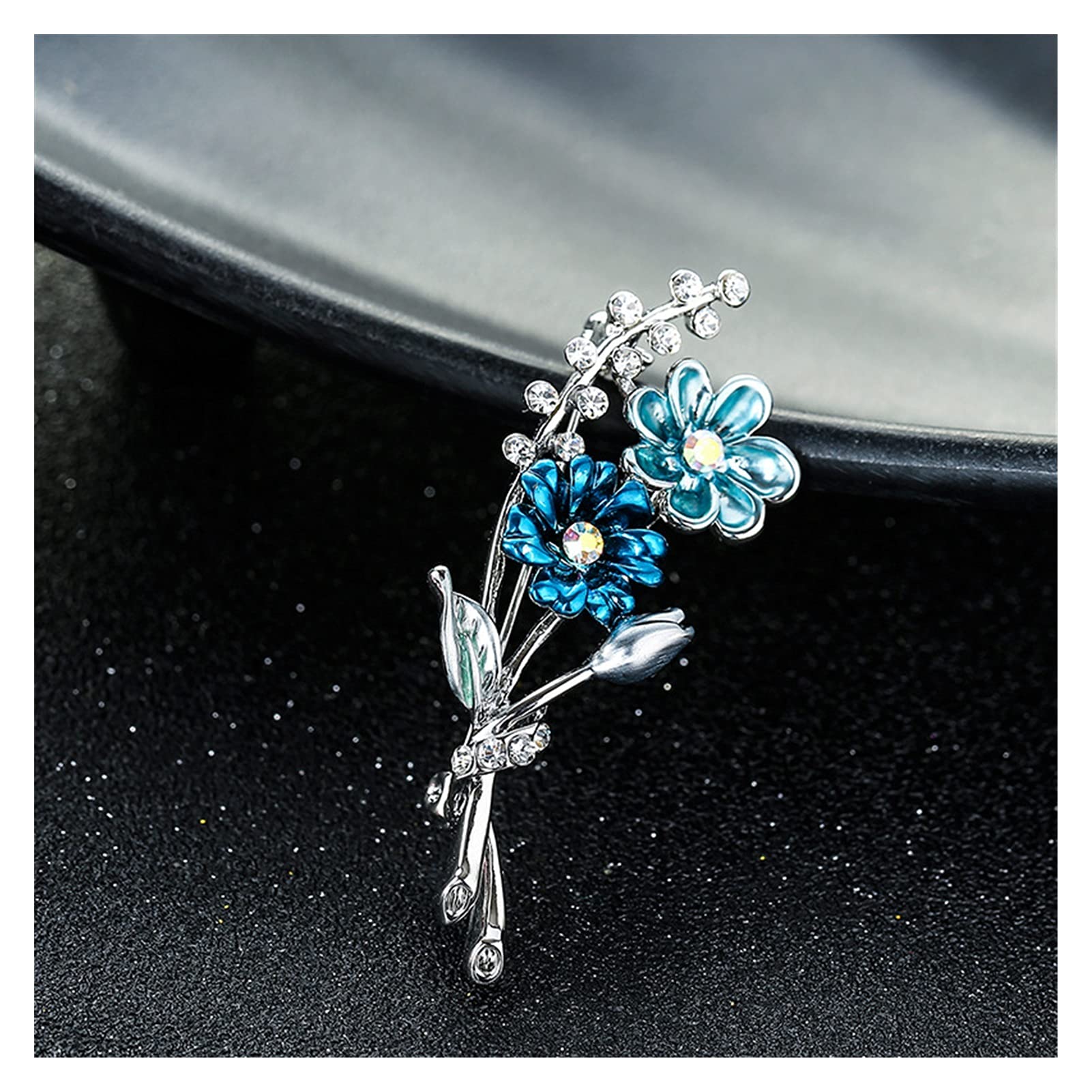 RWRAPS Emaille-Brosche mit blauen Blumen, Blumenstrauß, Strass-Pflanzenschmuck, Geschenke für Frauen und Mädchen (Metallfarbe: versilbert) ()