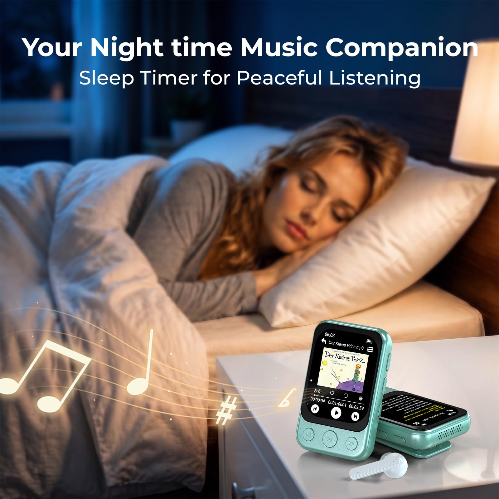 Lettore MP3 64GB Bluetooth 5.3 con Clip, Touchscreen & Tasti, Altoparlante | Musica senza smartphone · Solo 37g · Facile da usare · Audiolibri & apprendimento · Timer di spegnimento