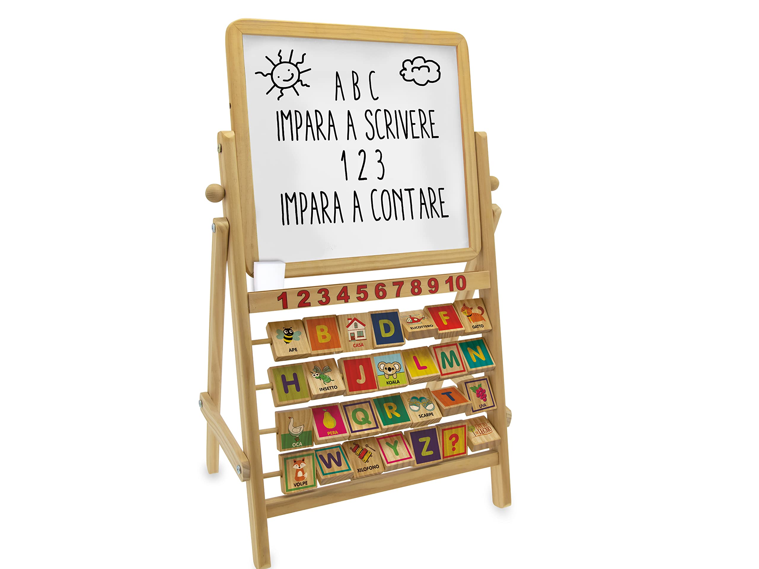 Teorema 40513 - Lavagna per Bambini con Cavalletto Multiattività Double Face in Legno con Alfabetiere, Numeri dall'1 al 10 e Accessori
