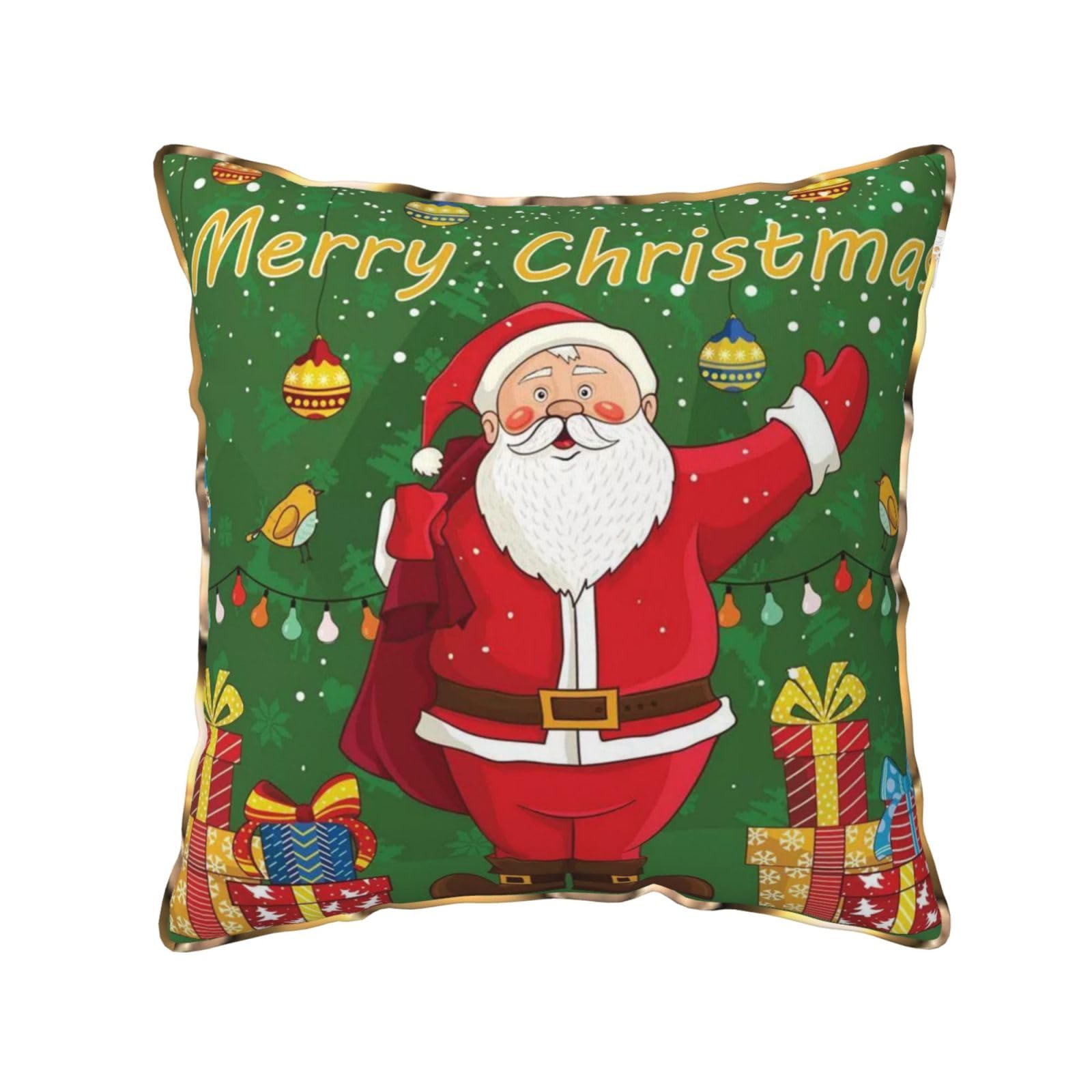 AUBKFELD Xmas santa Claus Printed Velvet Cushion Cover 40x40 CM with Gold Edging Strip, Square Pillowcase Soft Throw Pillow Covers Case Decorative for Living Room Sofa Couch Bed Bench