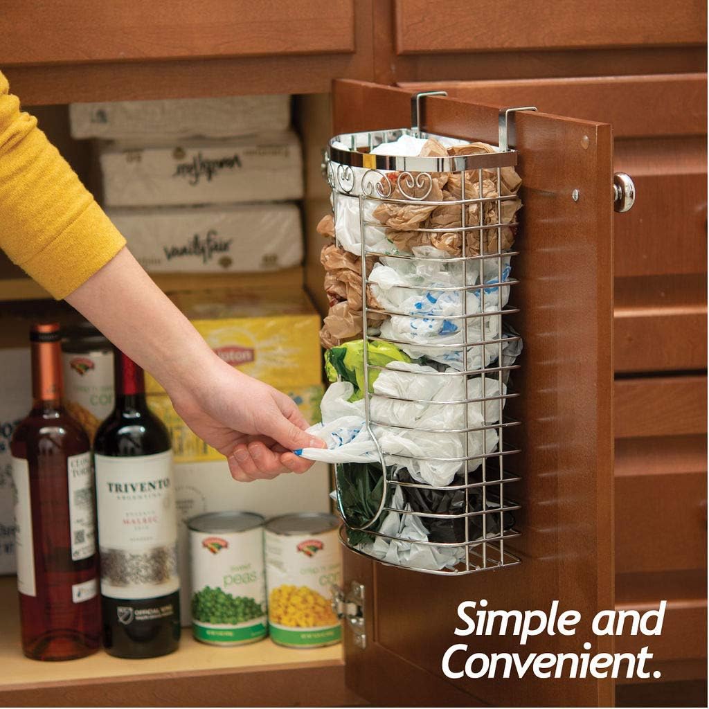 Sagler Grocery Bag Holder - Chrome Plastic Bag Holder - Easy-Access Openings Multi Position use Either Over The Cabinet Kitchen Storage Holder or Wall Mount
