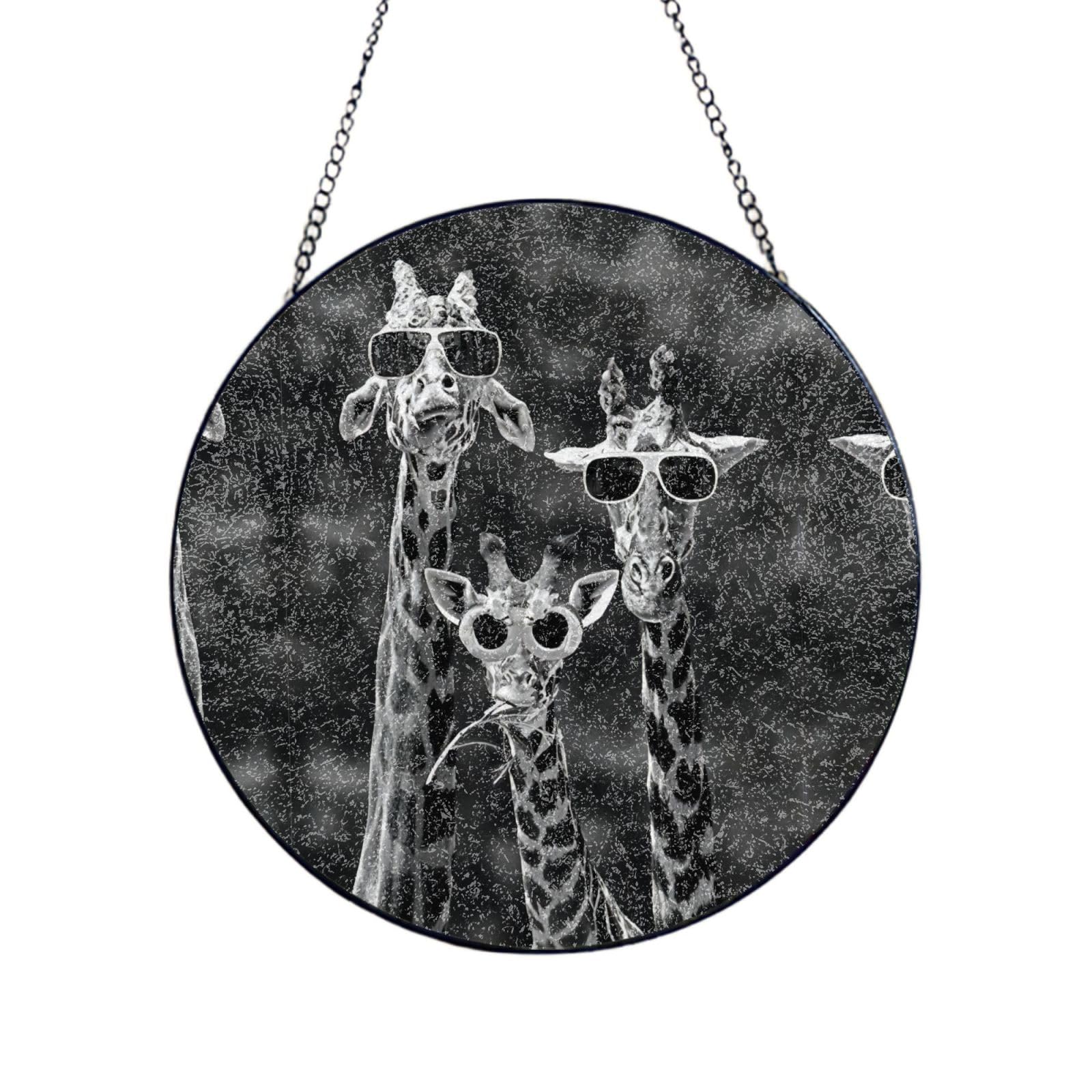 Phayah Three Giraffe Print Stained Glass Window Hanging Suncatcher For Door Terrace Garden Home Decor Sun Catcher Birthday Gifts For Lovers Dad Mom 8in（20cm）