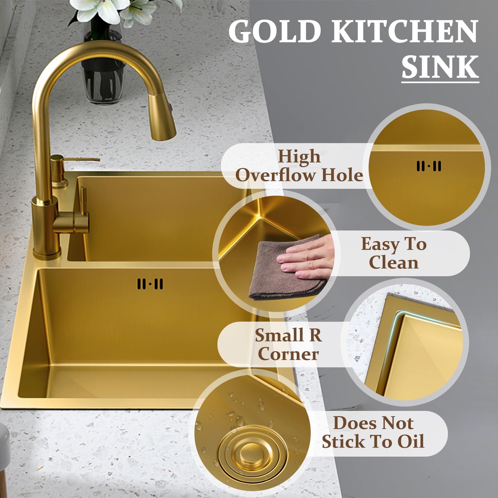 Fregadero de cocina de acero inoxidable cepillado dorado con doble tazón, moderno lavabo de gran capacidad con cesta de drenaje y sistema de drenaje, instalación superior/empotrado/bajo montaje