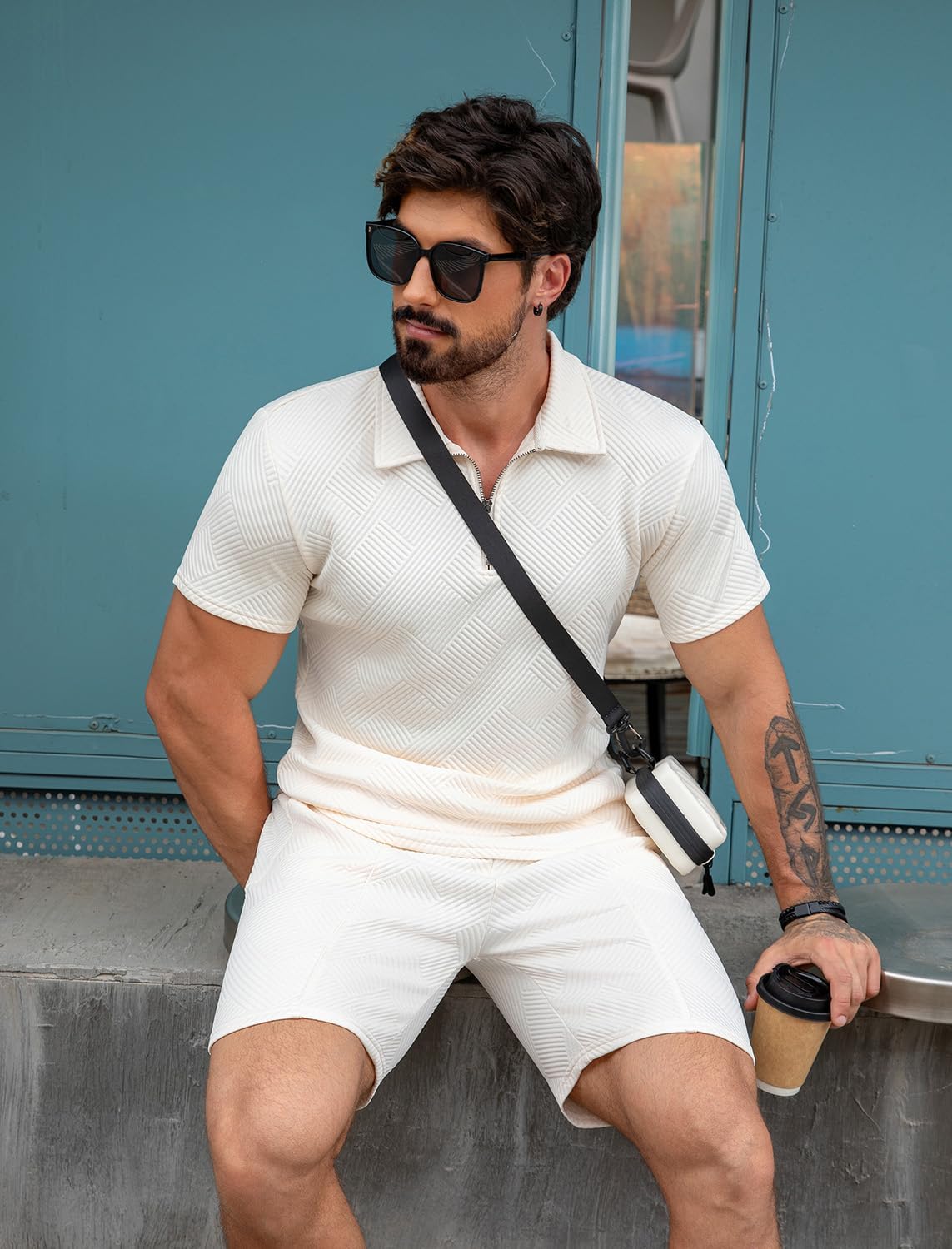 EISHOPEER Men's Polo Shirt and Shorts Set Fashion Zipper 2 Pieces Outfits