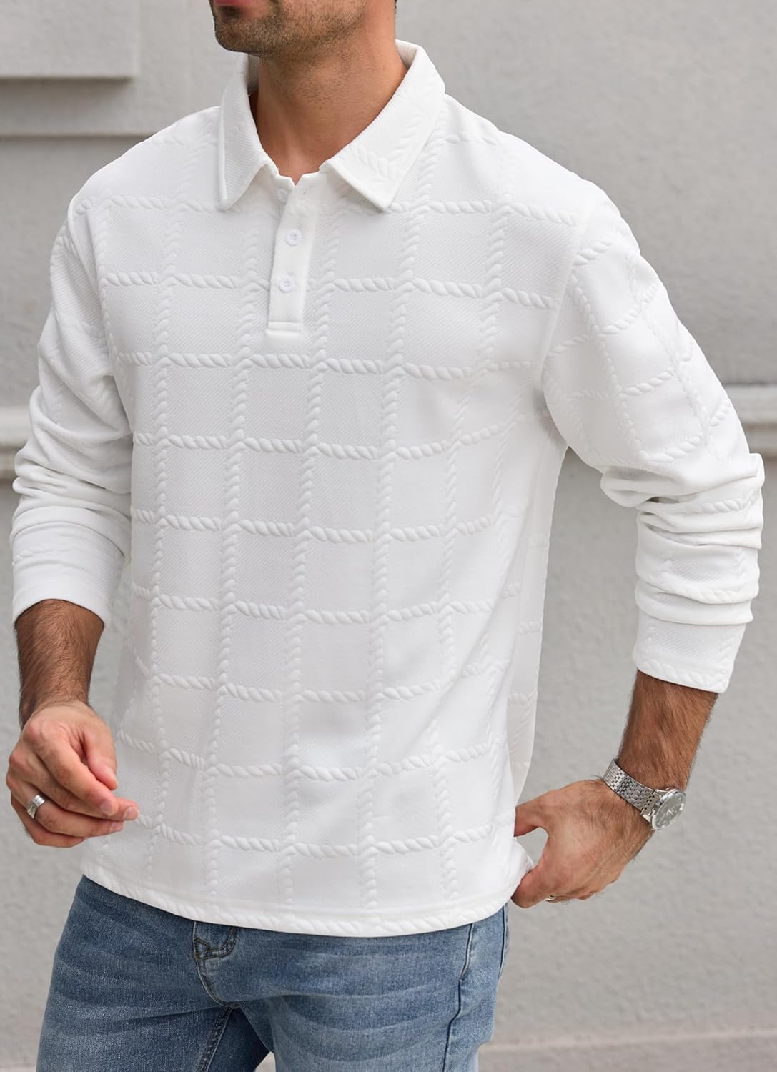 Men's Textured Polo Shirt Cable Knit Long Sleeve Button Down Pullover (S-XXL) - Image 3