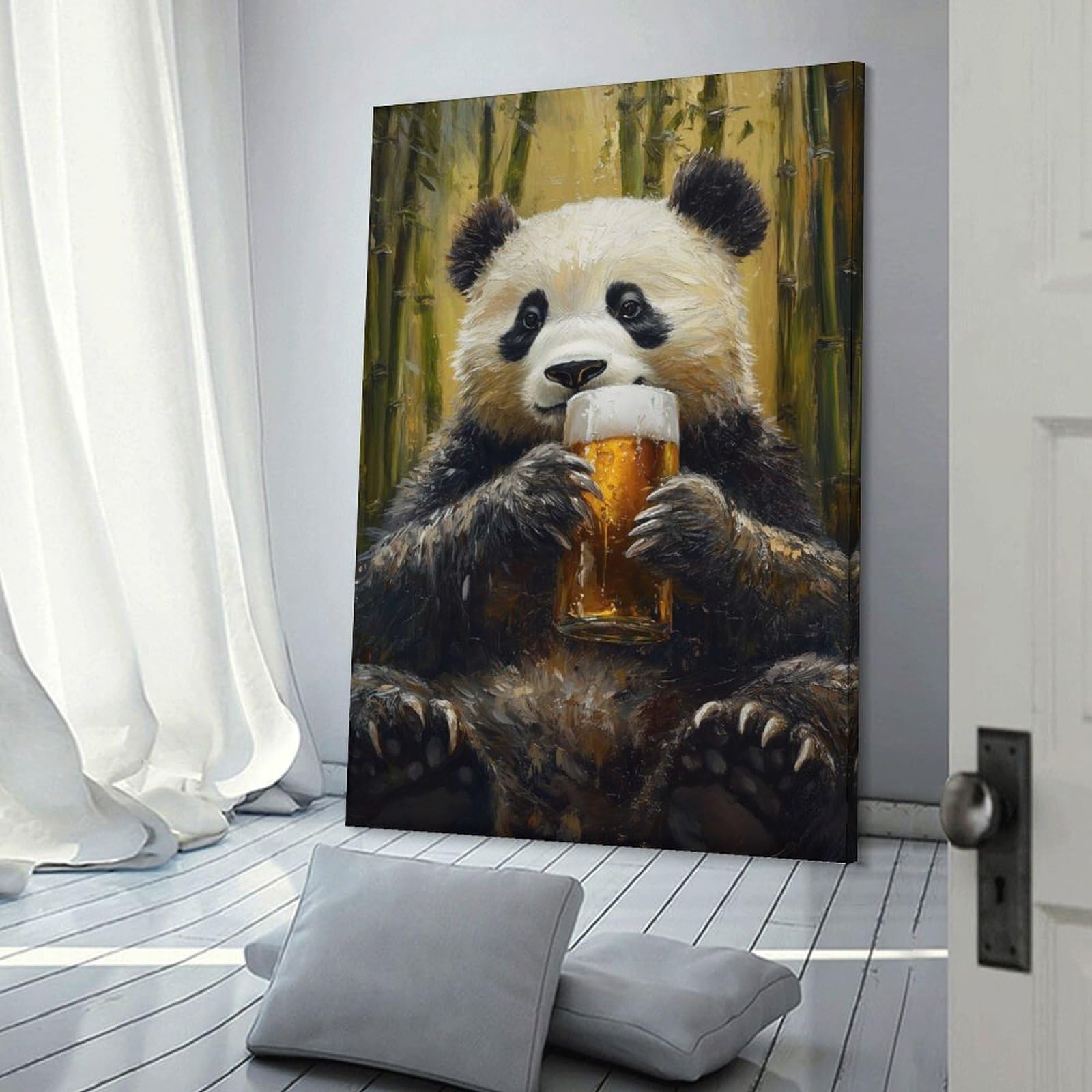 Junmoney Panda with Beer Canvas Wall Decor, 20x30inch(50x75cm), for Gallery Wall Decor And Room Displays, Wall Decor Suited to Curated Displays