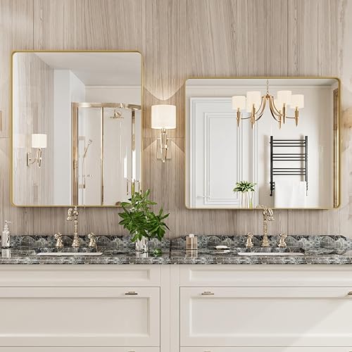 Miniatura 72 de Espejo de baño dorado, 48 x 30 pulgadas, espejo de marco de metal dorado cepillado para pared, espejo rectangular redondeado de tocador de baño