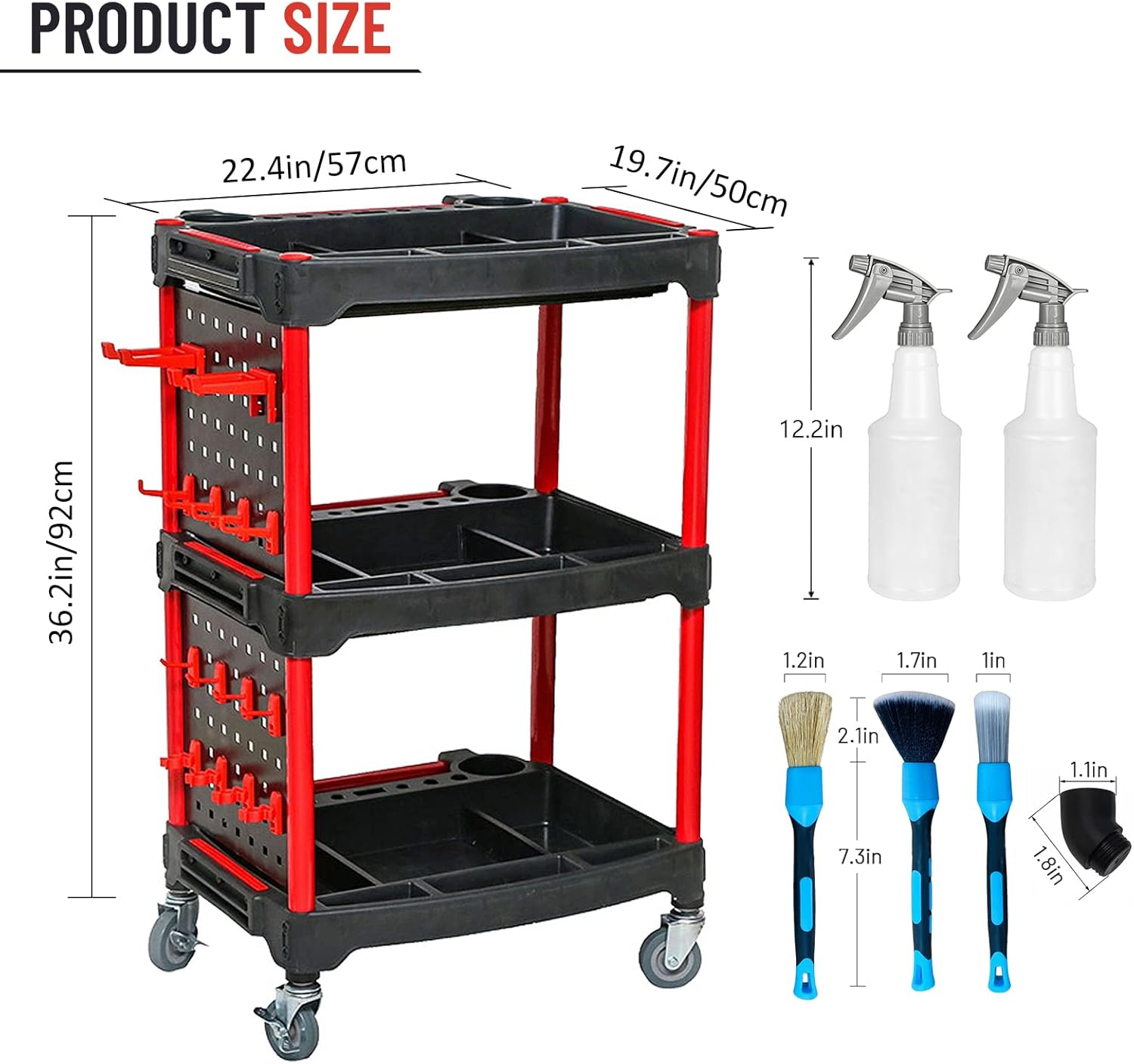 3-Tier Heavy-Duty Detailing Cart with Wheels, Rolling Detail Tool Cart, 200kg/440.92lb Capacity Tool Organizer for Car Wash, Workshop & Garage (Includes Hooks, Spray Bottles & Brushes)