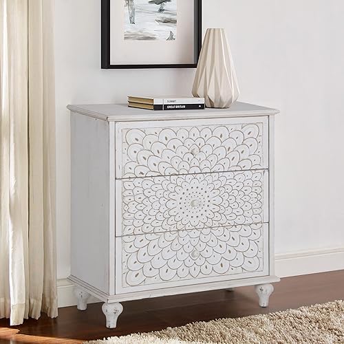 Sophia & William Armario de almacenamiento Accent con 3 cajones, baúl de almacenamiento desgastado con patrón de plumas de pinzón tallado para
