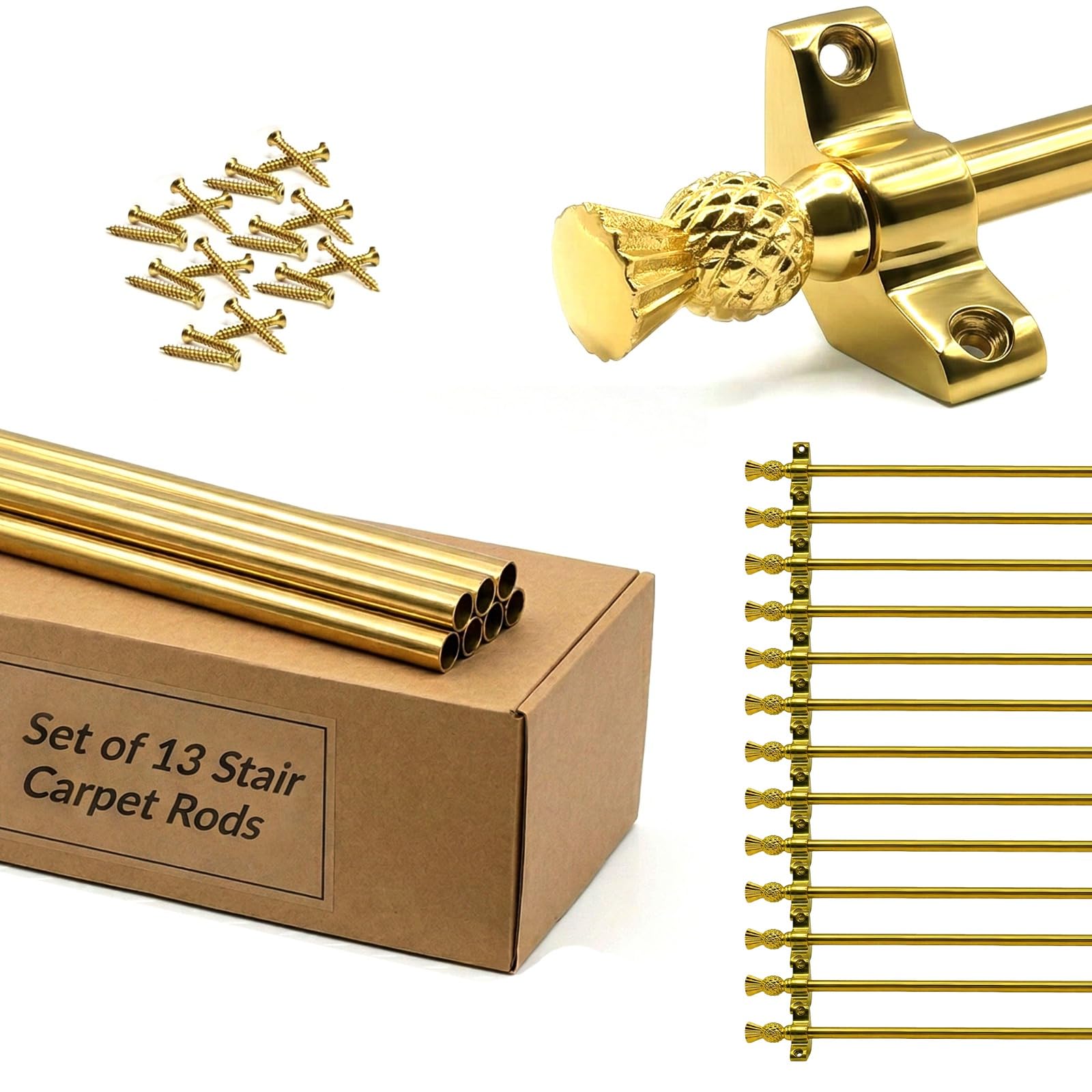 Set of 13 Stair Carpet Rods, 70cm Polished Brass Stair Runner Rods with Thistle Finials, Heavy Duty Metal Stair Rods for Carpet Runners with Brackets & Fixings