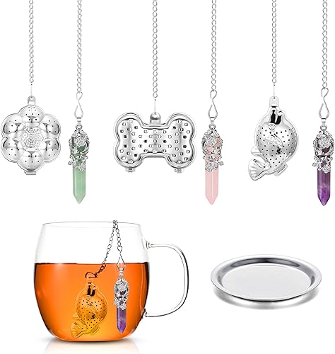 Tidorlou 4 infusores de té, colador de té, difusor de té para té suelto, amatista de cristal natural con colgante de luna, filtro de té con gancho