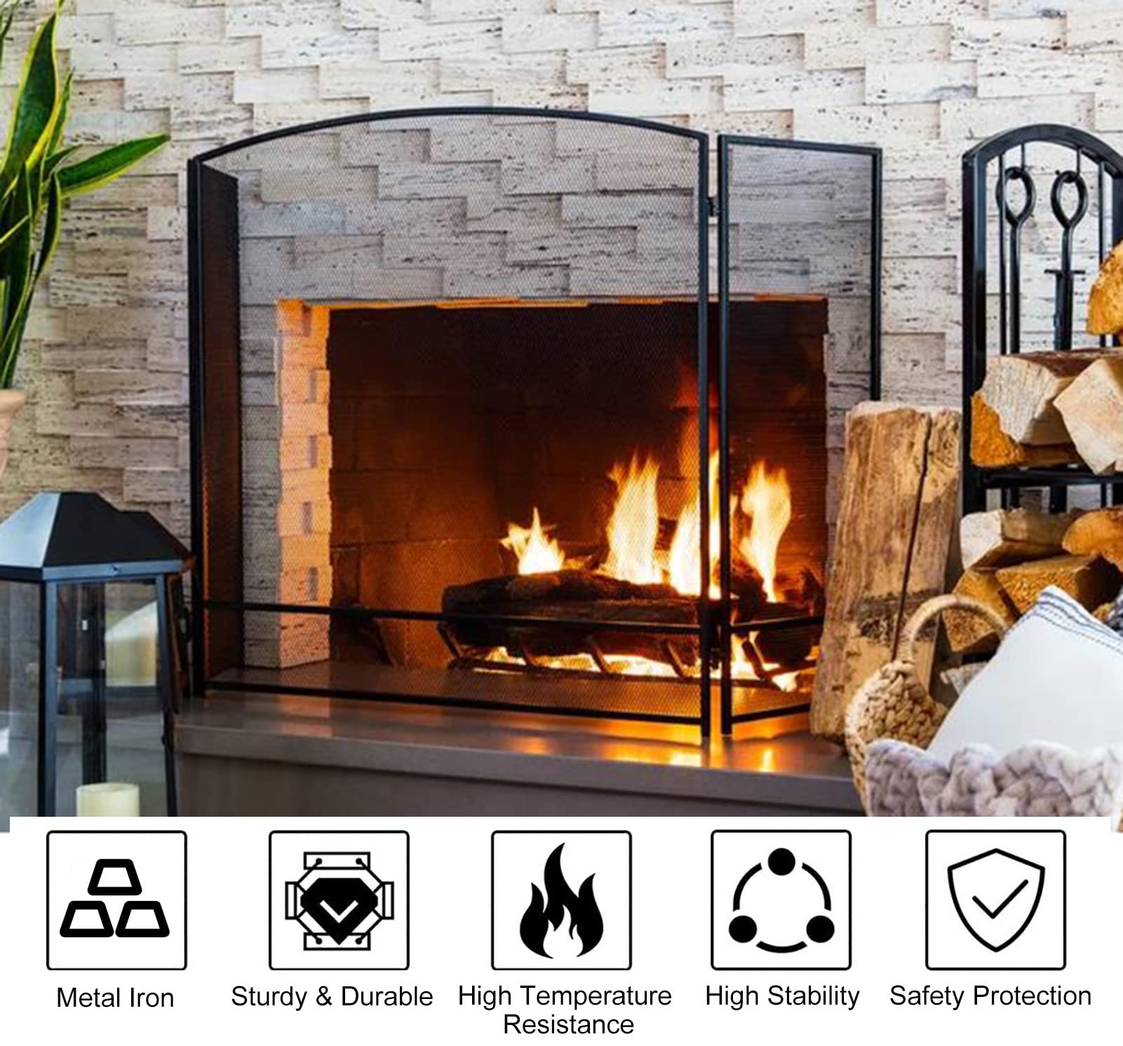 ZIMGOD Salvachispas Chimenea Pantalla de Protección contra Incendios Plegable de Tres Pliegues, Protector de Seguridad Antichispas Negro, Barrera de Protección para Chimenea Arqueada(89cm/35)