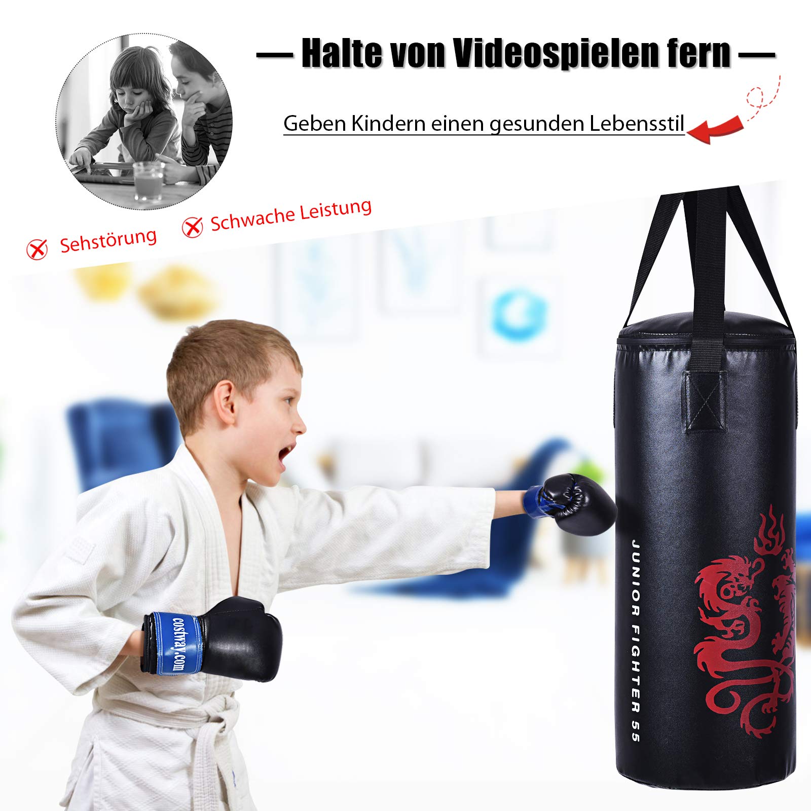 COSTWAY 10KG/20KG Boxsack-Set mit Boxhandschuhen und Springseil, Punchingsack für Kinder Erwachsene, Punching Bag, Boxing Bag inkl. Deckenhaken zur Montage für MMA, Kickboxen, Muay Thai, Taekwondo