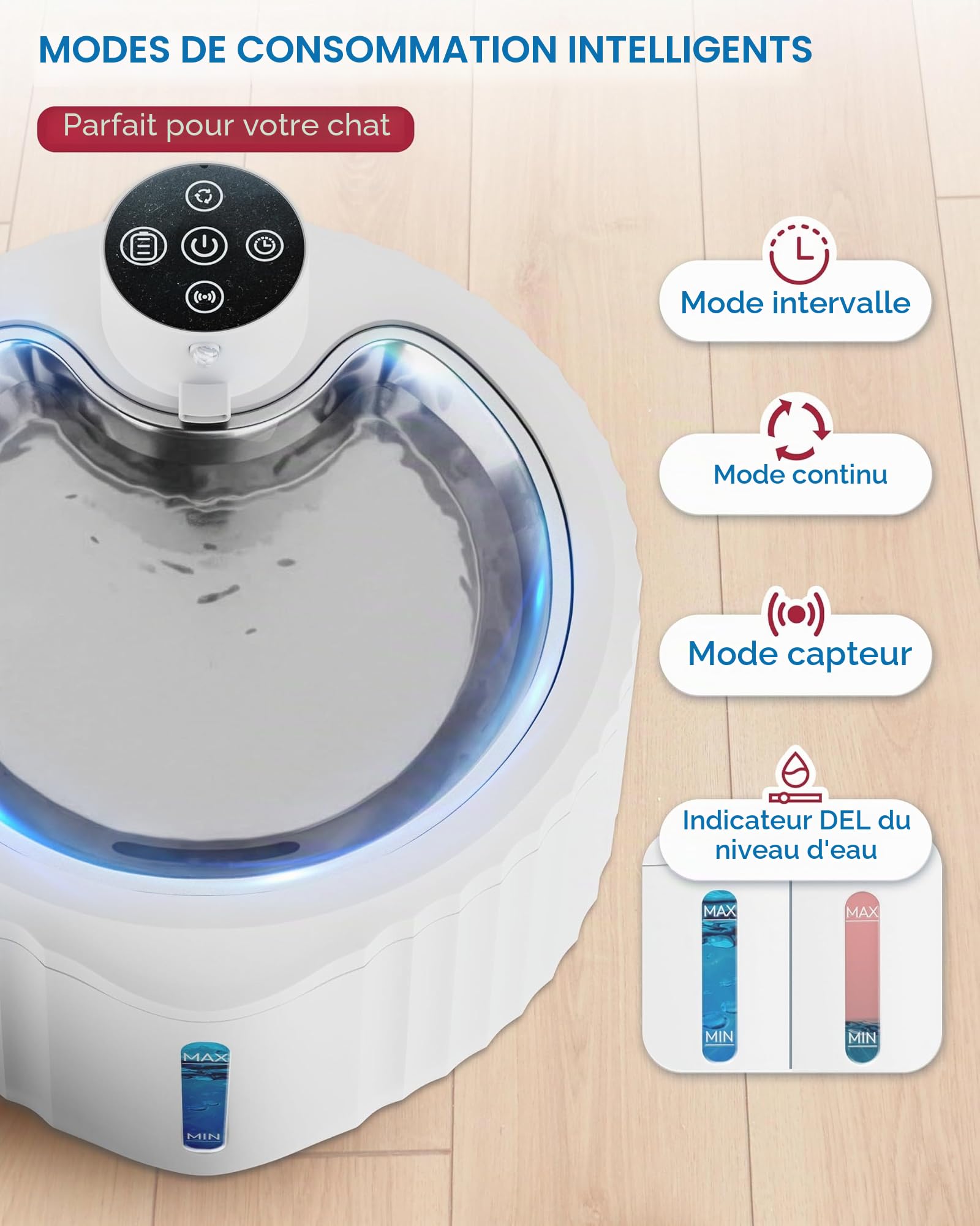 Miaura® Fontaine à eau pour chat sans fil et super silencieuse - Fontaine à boire pour chat 2,8L de capacité - Fontaine à eau pour chat avec détecteur de mouvement - Fontaine à eau pour chat avec une