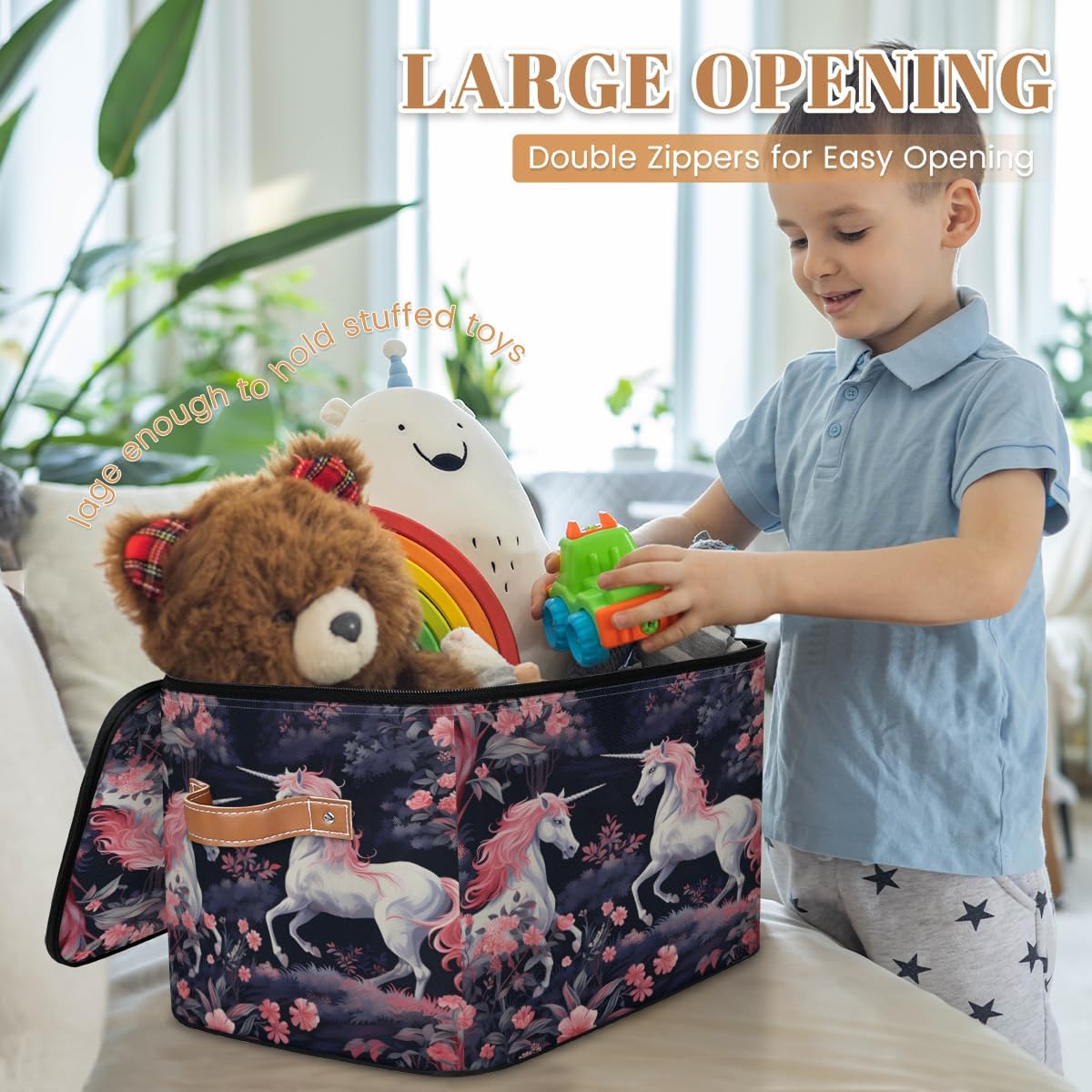 Storage Bin Set of 2 Florals Unicorn Storage Basket with Zipper Lid & Handle Foldable Closet Shelf 2 Pack Cloth Organizer Basket Cube Bins Clothes Organizer for Bedroom, Nursery