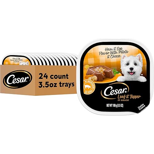 Cesar Loaf & Topper in Sauce Wet Dog Food Ham & Egg Flavor with Potato & Cheese, 3.5 oz. Easy Peel Trays, 24 Count (Pack of 1)