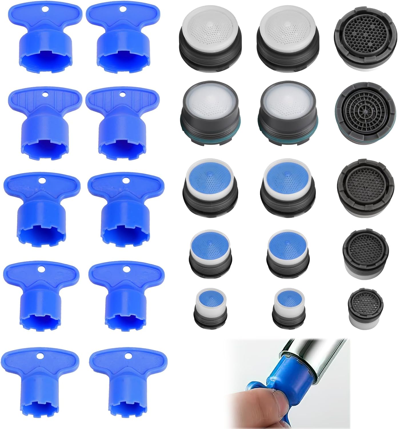 25 Pcs Kitchen Faucet Aerator, Replacement Inserts for Sink Tap Flow Restrictor, Efficient 15 Cache Aerators with 10 Key Removal Wrench Tool for Bathroom Kitchen (M16.5 18.5 21.5 22.5 24 mm)