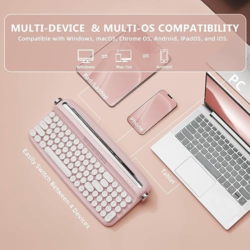 Miniatura 3 de YUNZII Teclado de máquina de escribir inalámbrico mejorado, con soporte integrado retro, USB-CBluetooth, bonitas teclas redondas, conexión