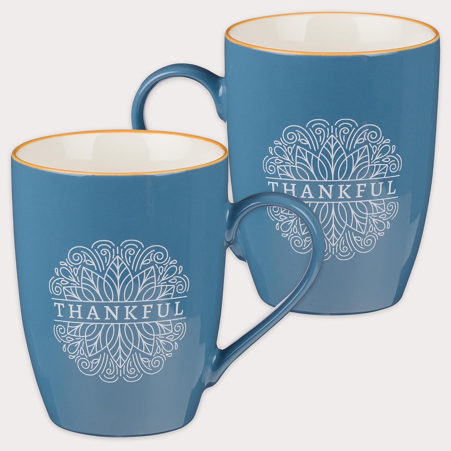 Christian Art Gifts Floral Ceramic Coffee and Tea Mug Set: In All Things Give Thanks: Thankful, Grateful, Blessed Novelty Mug Set with Scripture - Set of Four 12 oz. Cups, Blue/Orange/White Floral
