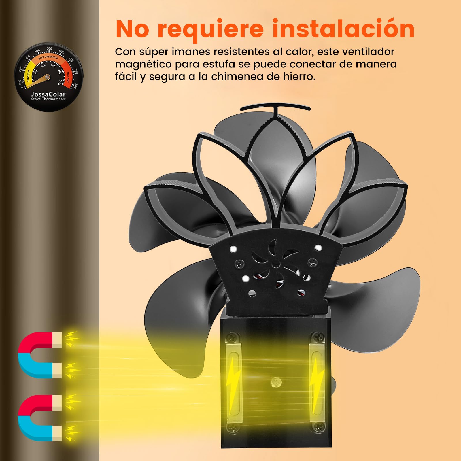 JossaColar Ventilador estufa leña Magnético 6 Aspas, ventilador chimenea leña con termómetro magnético, ventilador de chimenea, ventilador estufa