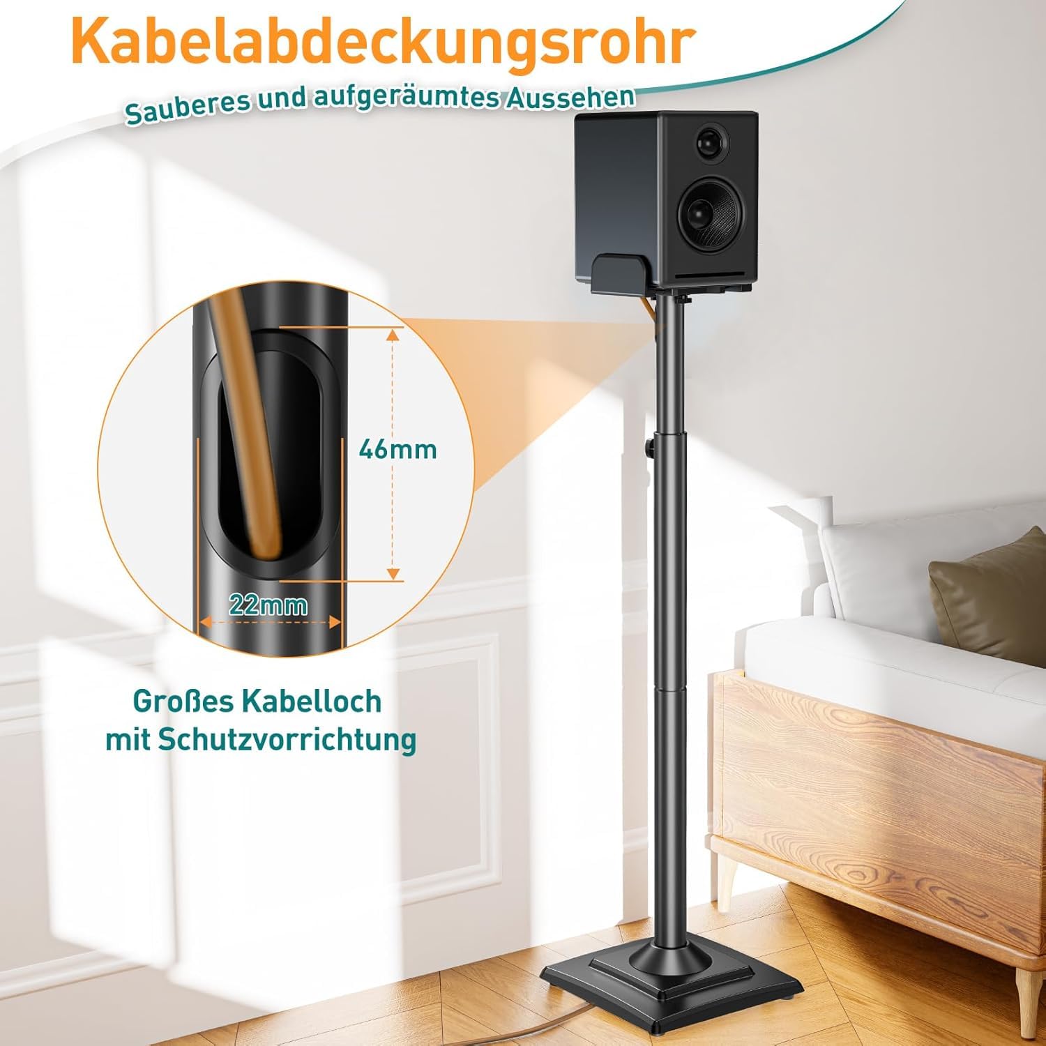 ELIVED Universal Lautsprecherständer höhenverstellbar, Boxenständer mit ausziehbare Auflagenplatte und interner Kabelkanal für Regallautsprecher, 5kg Tragkraf, 1 Paar