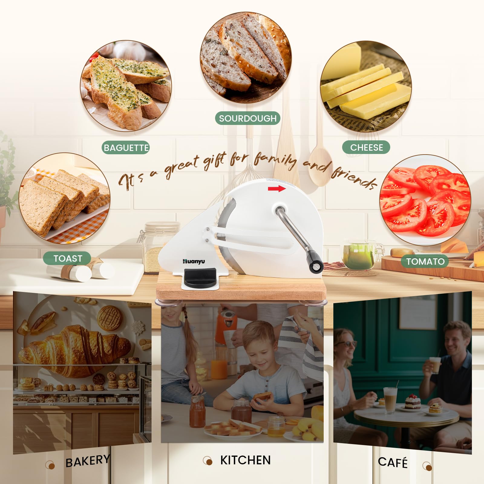 Huanyu Cortadora de pan manual con grosor ajustable de 0 a 2 cm Cortadora de pan de masa madre plegable con ventosas (Blanco)